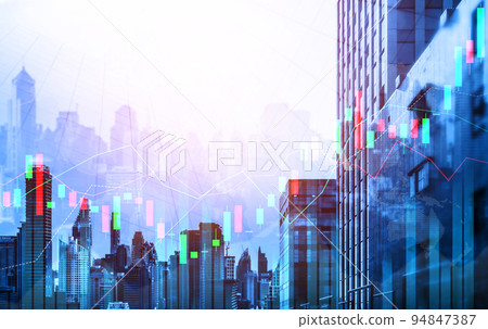 Financial graphs and modernistic cityscape as background for business concept. 94847387