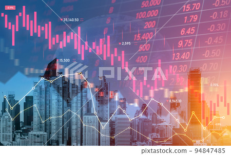Declining graphs of a stock market crash overlap modernistic city. Declining graphs of a stock market crash overlap modernistic city. 94847485