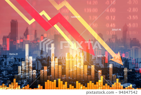 Declining graphs of a stock market crash overlap modernistic city. 94847542