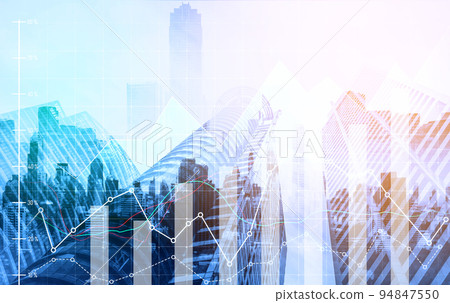 Digital screen and graph overlap modernistic cityscape for business concept. 94847550