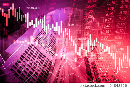 Declined economic, graph falling down overlaps modernistic city. Declined economic, graph falling down overlaps modernistic city. 94848236