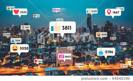 Social media icons fly over city downtown showing people reciprocity connection Social media icons fly over city downtown showing people reciprocity connection 94848390