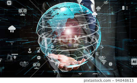 Businessman show hologram of robotic industry revolution allusive technology 94848613