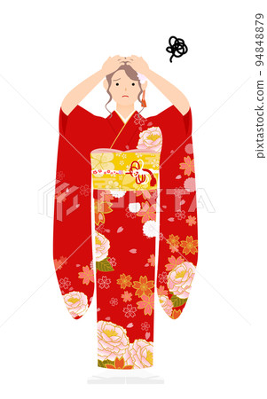 一個穿著風衣的女人(穿著和服),抱著頭,擔心 一個穿著風衣的女人(穿著和服),抱著頭,擔心 94848879