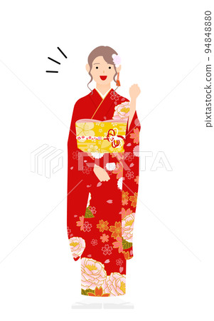 一個穿著風衣的女人(穿著和服)做出膽量姿勢 一個穿著風衣的女人(穿著和服)做出膽量姿勢 94848880