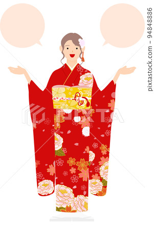 A woman with furisode (in kimono), open her arms and talk (with a balloon) A woman with furisode (in kimono), open her arms and talk (with a balloon) 94848886