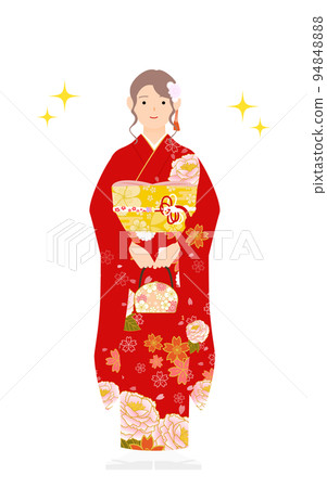 一個穿著風衣的女人（穿著和服），背著一個包（亮片）面向前方 94848888