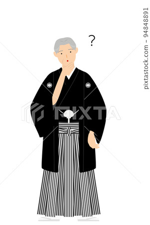 Senior man with a crested hakama (in Japanese clothes) has doubts 94848891