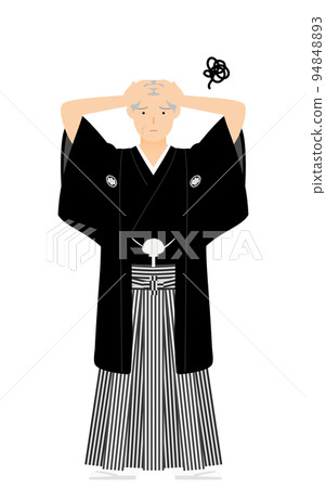 Senior man with a crested hakama (in Japanese clothes), holding his head and worried 94848893