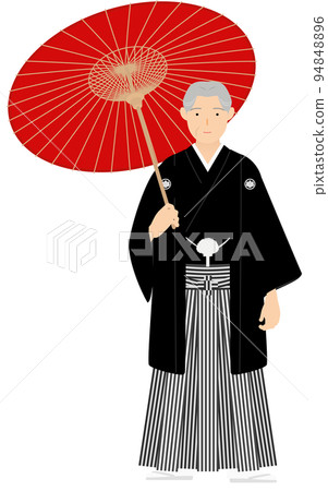 Senior man with a crested hakama (in Japanese clothes) poses with an umbrella 94848896
