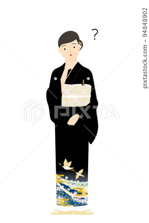 有黑色 tomesode 的高級女性，身著和服的姿勢，懷疑、擔憂、接受、指點等。 94848902