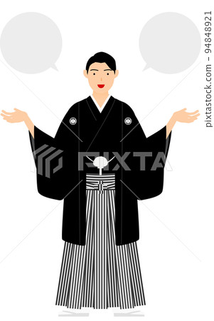 A man with a crested hakama (in Japanese clothes), open his arms and talk (with a balloon) 94848921