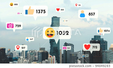 Social media icons fly over city downtown showing people reciprocity connection 94849283