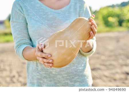 Closeup ripe pumpkin in woman hands, farm background 94849690