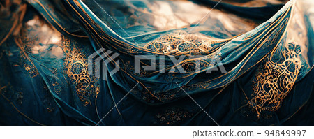 Spectacular pattern of blue and gold silk. Digital art 3D illustration. Spectacular pattern of blue and gold silk. Digital art 3D illustration. 94849997