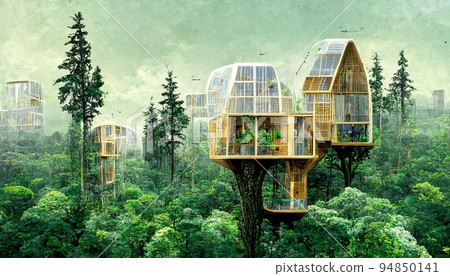 Spectacular image of sustainable tree house. Digital art 3D illustration. 94850141