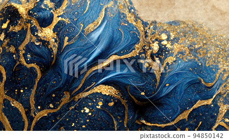 Spectacular dark blue and gold ink swirled around. Digital art 3D illustration. Spectacular dark blue and gold ink swirled around. Digital art 3D illustration. 94850142