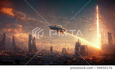 Spectacular scene of futuristic city with spaceship. Digital art 3D illustration 94850178