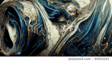 Spectacular dark blue and white ink swirled around. Digital art 3D illustration. 94850265