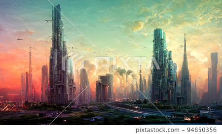 Spectacular futuristic cityscape, flying vehicles. Digital art 3D illustration Spectacular futuristic cityscape, flying vehicles. Digital art 3D illustration 94850356
