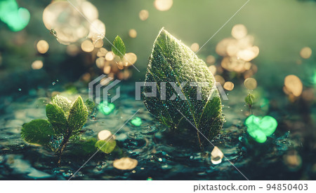 Spectacular fantasy green leave floating on water. Digital 3D illustration. Spectacular fantasy green leave floating on water. Digital 3D illustration. 94850403