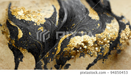 Spectacular dark black and gold ink swirled around. Digital art 3D illustration. Spectacular dark black and gold ink swirled around. Digital art 3D illustration. 94850453