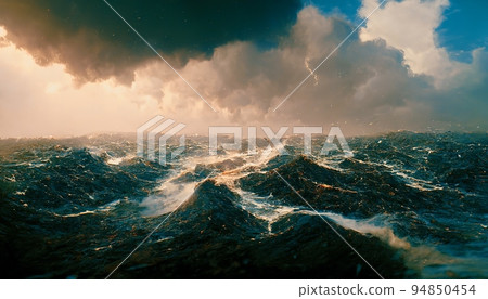 Spectacular stormy ocean with rough wave. Digital art 3D illustration. Spectacular stormy ocean with rough wave. Digital art 3D illustration. 94850454