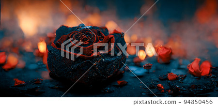 Heartbroken concept by half burnt rose and ashes. Digital art 3D illustration. Heartbroken concept by half burnt rose and ashes. Digital art 3D illustration. 94850456