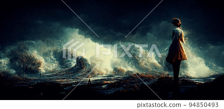 Spectacular big wave, brave woman standing on beach. Digital art 3D illustration Spectacular big wave, brave woman standing on beach. Digital art 3D illustration 94850493