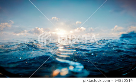 Spectacular calm ocean, sunrise reflecting in water. Digital art 3D illustration 94850514