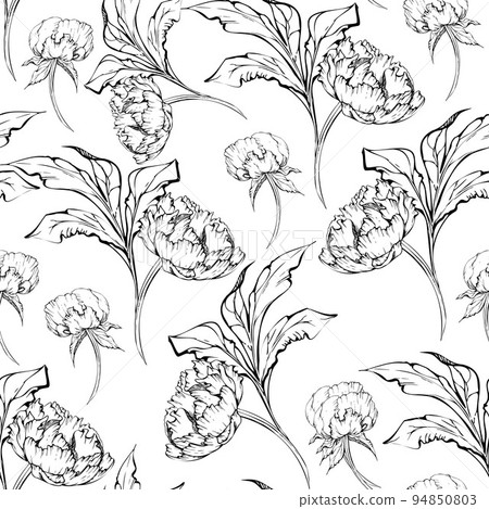 Hand drawn vector seamless pattern with peony flowers, buds and leaves. Isolated on white background. Design for invitations, wedding or greeting cards, wallpaper, print, textile, wrapping paper Hand drawn vector seamless pattern with peony flowers, buds and leaves. Isolated on white background. Design for invitations, wedding or greeting cards, wallpaper, print, textile, wrapping paper 94850803