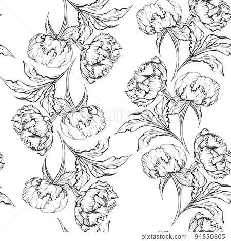 Hand drawn vector seamless pattern with peony flowers, buds and leaves. Isolated on white background. Design for invitations, wedding or greeting cards, wallpaper, print, textile, wrapping paper Hand drawn vector seamless pattern with peony flowers, buds and leaves. Isolated on white background. Design for invitations, wedding or greeting cards, wallpaper, print, textile, wrapping paper 94850805