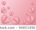 illustration of The Valentine Hearts. Postcard Paper flying elements on the pink background. Symbol of love in the form of heart design 3d. illustration symbols of Valentine's Day. Space for text. 94851490