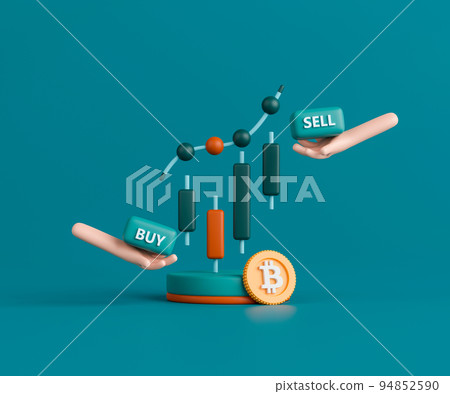 3d render concept cryptocurrency trading illustration. Candlestick chart with bitcoin on dark green background. 94852590