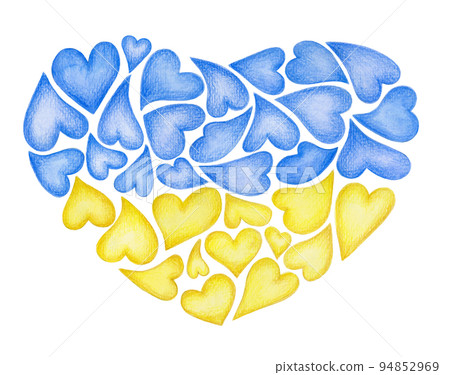 Heart shape  made in symbol  ukrainian colors, blue and yellow, isolated on white background. Watercolor illustration. 94852969