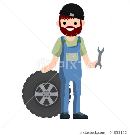 Male mechanic with wrench. Cartoon illustration - technician man in uniform. Young boy worker. Male mechanic with wrench. Cartoon illustration - technician man in uniform. Young boy worker. 94853122