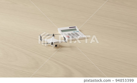 無人機(四軸飛行器)玩具和放置在飛機上的計算器的 3D 渲染插圖 無人機(四軸飛行器)玩具和放置在飛機上的計算器的 3D 渲染插圖 94853399