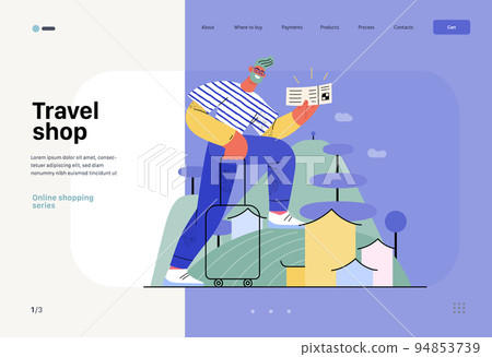 Travel shop -Online shopping and electronic commerce web template -modern flat vector concept illustration of a travelling man with case and ticket Promotion, discounts, sale and online orders concept 94853739