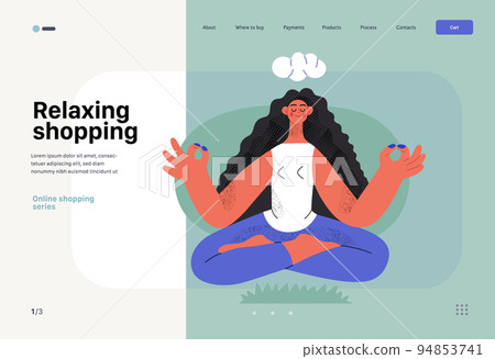 Relaxing shopping -Online shopping and electronic commerce web tamplate -modern flat vector concept illustration of meditating woman in lotus pose. Promotion, discounts, sale and online orders concept 94853741