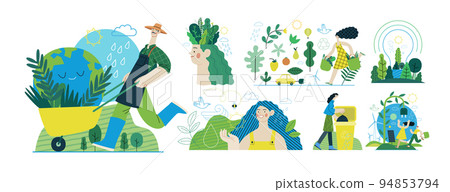 Ecology - Modern flat vector concept illustration on green positive thinking. Waste sorting, Recycling, Green energy, Save the planet, bio farming. Creative landing web page illustrations set Ecology - Modern flat vector concept illustration on green positive thinking. Waste sorting, Recycling, Green energy, Save the planet, bio farming. Creative landing web page illustrations set 94853794
