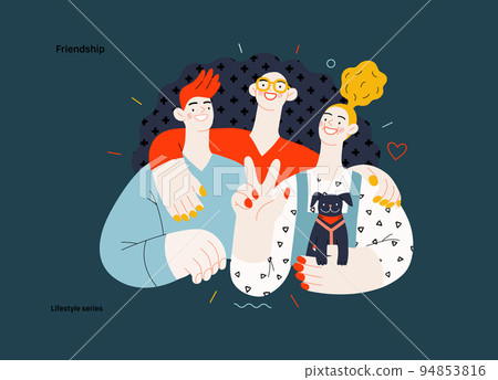 Lifestyle series - Friendship - modern flat vector illustration of a happy young man and women embracing and posing together. People activities concept 94853816