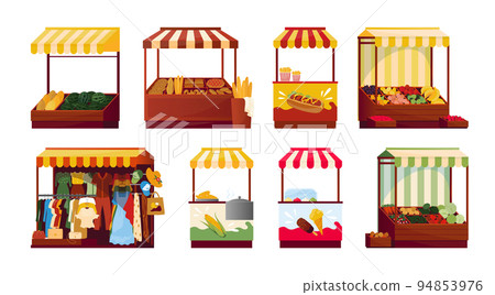 Marketplace street stall. Local market shop with roof canopy. Vendor and hawker selling vegetables. Festival fair. Outdoor kiosk for clothing and accessories. Vector illustration set Marketplace street stall. Local market shop with roof canopy. Vendor and hawker selling vegetables. Festival fair. Outdoor kiosk for clothing and accessories. Vector illustration set 94853976