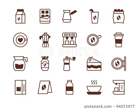 Coffee icons set, instant ground beans. Turk and geyser coffee maker, mug with aroma drip, roast beverages, express cafe cup, caffeine flavor, water and cake vector illustration logo template 94853977