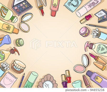 Cosmetics hand drawn top view frame vector 94855216