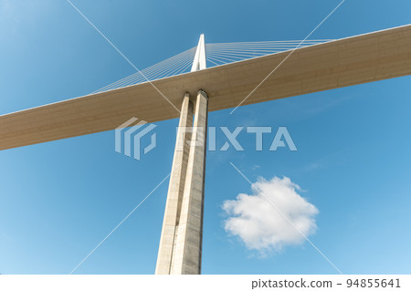 Millau viaduct, cable-stayed bridge over Tarn valley. A75 motorway. The highest road bridge in the world. 94855641