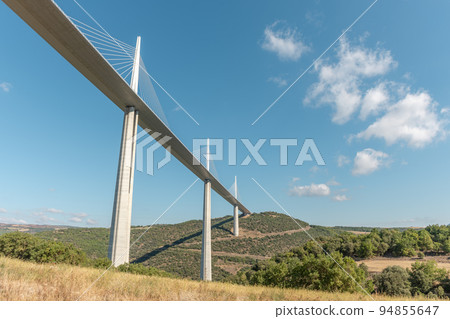 Millau viaduct, cable-stayed bridge over Tarn valley. A75 motorway. The highest road bridge in the world. 94855647