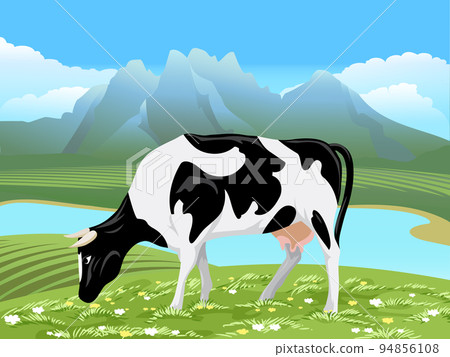 Vector cow and rural meadow landscape Vector cow and rural meadow landscape 94856108