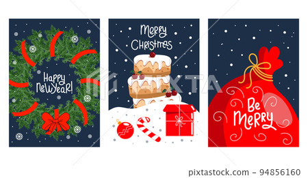 Set of Christmas cards with lettering. decorated with Christmas tree wreath, toys, cake, sweets, gifts and snowflakes. Posters. Set of Christmas cards with lettering. decorated with Christmas tree wreath, toys, cake, sweets, gifts and snowflakes. Posters. 94856160