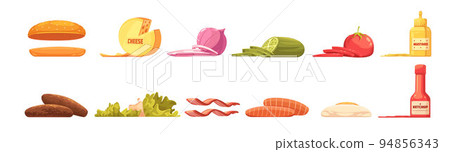 Burger Elements Set Retro Cartoon Style 94856343