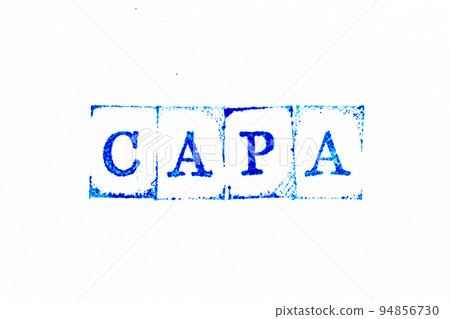Blue color ink rubber stamp in word CAPA (abbreviation of corrective action and preventive action) on white paper background 94856730